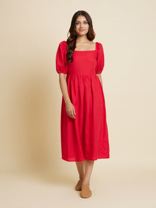 Red Smocked Linen Dress Bombay Bloom