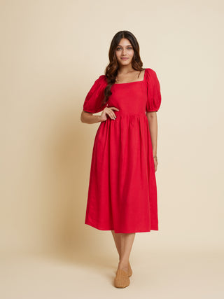 Red Smocked Linen Dress Bombay Bloom