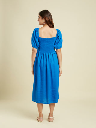 Smocked Cobalt Blue Linen Dress Bombay Bloom