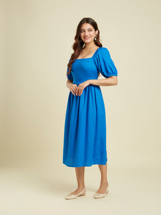 Smocked Cobalt Blue Linen Dress Bombay Bloom