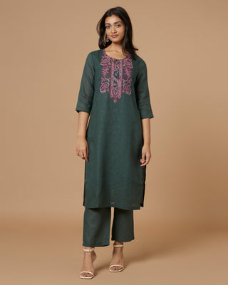 Karigiri Linen Kurta Set - Linen Kurta for women in Olive color