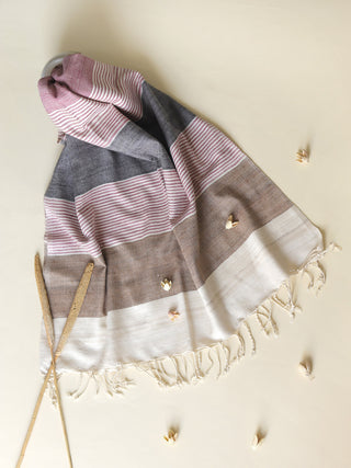 Silk Scarf With Grey, Brown And Pink Stripes In White Arras
