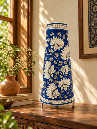 Lotus Hand Painted Leather Table Lamp - Blue