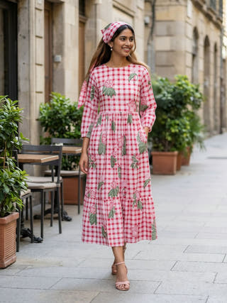 Ella Pink Checked A-line Cotton Midi Dress