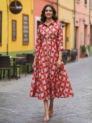 Blair Red Button-down Circular Midi Dress