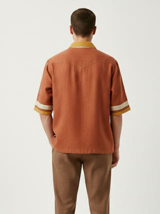Brick Cuban Collar Paneled Shirt