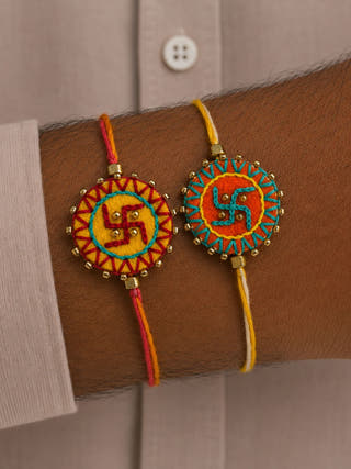 Hand Embroidered Swastika Mandala Rakhi | Set Of 2 | Yellow & Orange