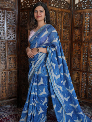 Niharika Indigo Natural Dyed Dabu Handblock Print Chanderi Cotton Silk Saree