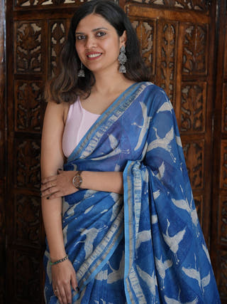 Niharika Indigo Natural Dyed Dabu Handblock Print Chanderi Cotton Silk Saree