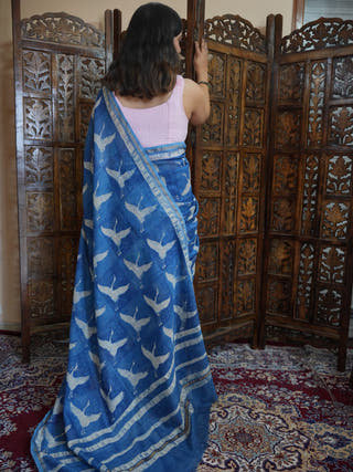 Niharika Indigo Natural Dyed Dabu Handblock Print Chanderi Cotton Silk Saree