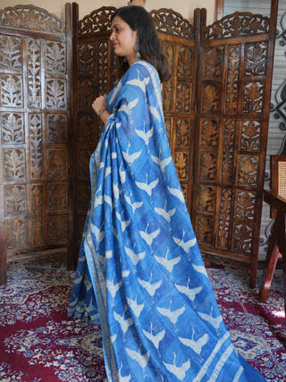 Niharika Indigo Natural Dyed Dabu Handblock Print Chanderi Cotton Silk Saree