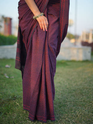 Bhoomi Dhara Earthy Dabu Wine Cotton Saree