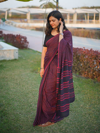 Bhavya Dhara Earthy Dabu Wine Cotton Saree