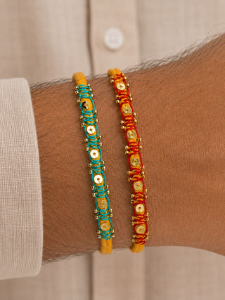 Hand Embroidered Blanket Sequin Rakhi | Set Of 2 | Sea Green & Red