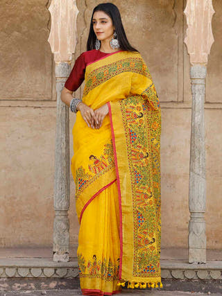 Madhubani Hand Painted Pure Linen Saree