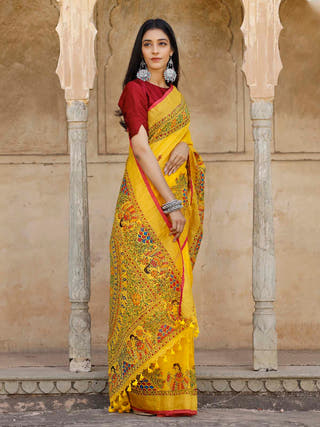 Madhubani Hand Painted Pure Linen Saree