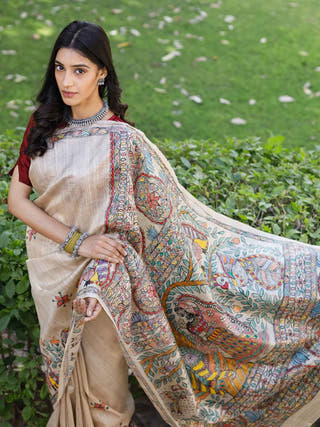 Madhubani Hand Painted Krishna Raas Tussar Silk Saree