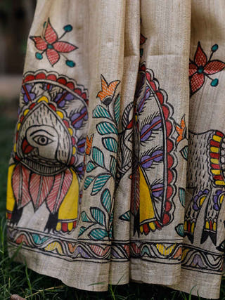 Madhubani Hand Painted Krishna Raas Tussar Silk Saree