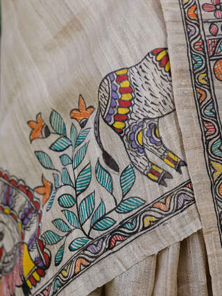 Madhubani Hand Painted Krishna Raas Tussar Silk Saree