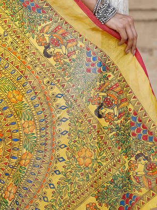 Madhubani Hand Painted Pure Linen Saree