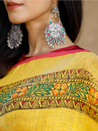 Madhubani Hand Painted Pure Linen Saree