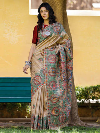 Madhubani Hand Painted Durga Incarnations Tussar Ghicha Silk Saree