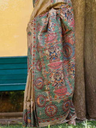 Madhubani Hand Painted Durga Incarnations Tussar Ghicha Silk Saree
