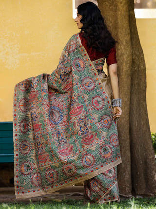 Madhubani Hand Painted Durga Incarnations Tussar Ghicha Silk Saree