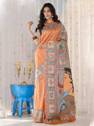 Madhubani Hand Painted Shiv Parvati Tussar Silk Saree