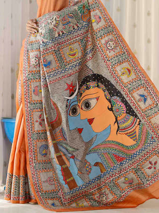 Madhubani Hand Painted Shiv Parvati Tussar Silk Saree