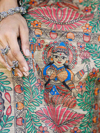 Madhubani Hand Painted Durga Incarnations Tussar Ghicha Silk Saree