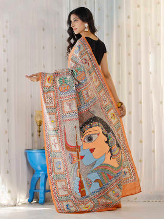 Madhubani Hand Painted Shiv Parvati Tussar Silk Saree
