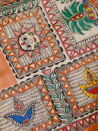 Madhubani Hand Painted Shiv Parvati Tussar Silk Saree