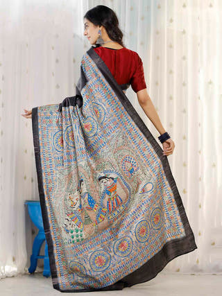 Madhubani Hand Painted Radha Krishna Tussar Silk Saree