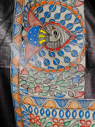 Madhubani Hand Painted Radha Krishna Tussar Silk Saree