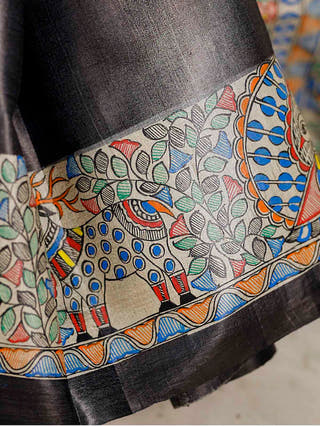 Madhubani Hand Painted Radha Krishna Tussar Silk Saree