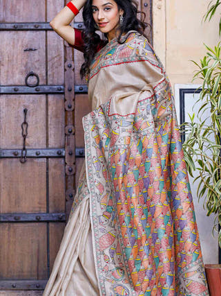 Madhubani Hand Painted Matasya Tussar Silk Saree