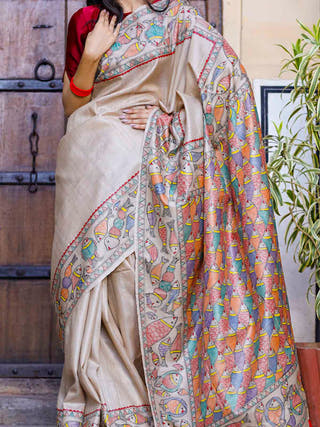 Madhubani Hand Painted Matasya Tussar Silk Saree