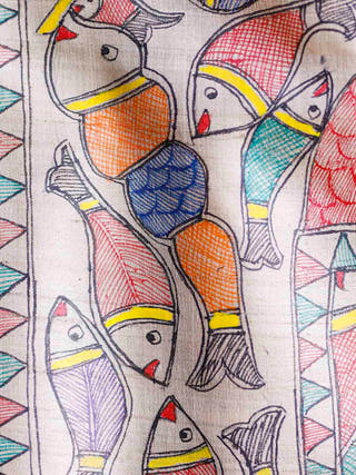 Madhubani Hand Painted Matasya Tussar Silk Saree