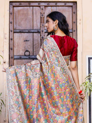 Madhubani Hand Painted Matasya Tussar Silk Saree