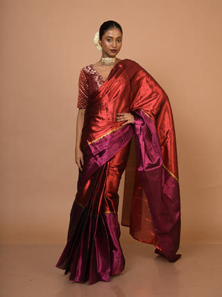 Navya Red & Purple Handloom Tissue Saree