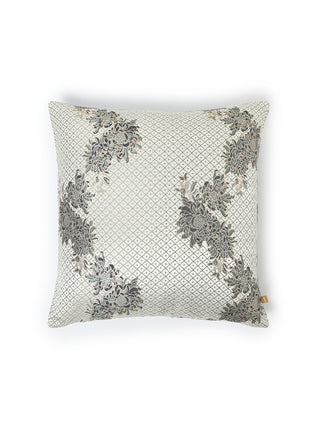 Varanasi Blue Flower Gyasar Cushion Cover White Aadyam Handwoven