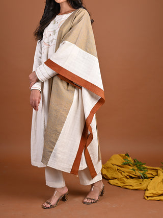 Handwoven Cotton Uneven Panelled Dupatta - Handwoven Cotton Kurta for women in White color