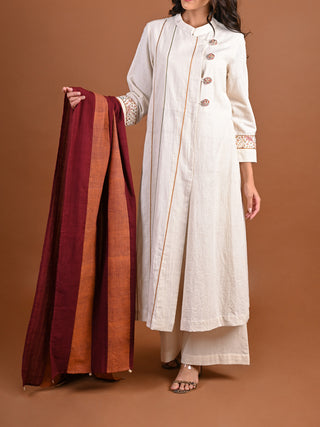 Handwoven Cotton Even Panelled Dupatta - Handwoven Cotton Kurta for women in White color