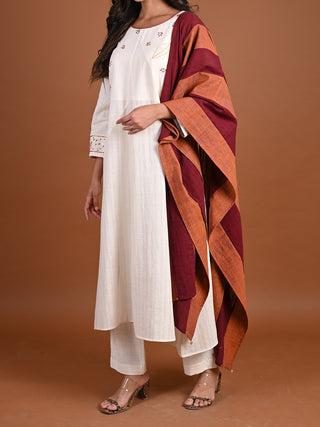 Handwoven Cotton Even Panelled Dupatta - Handwoven Cotton Kurta for women in White color