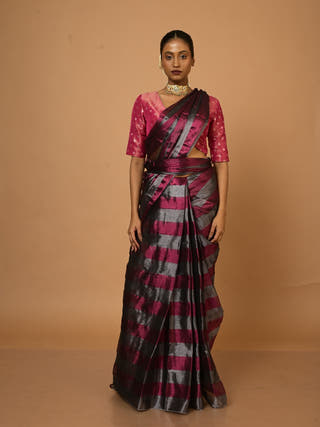Abhilasha Silver & Purple Striped Handloom Tissue Saree