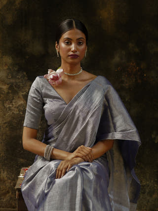 Aadhi Raat Midnight Blue & Grey Tone Handloom Tissue Saree