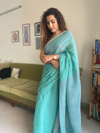 Aqua Handwoven Linen Saree