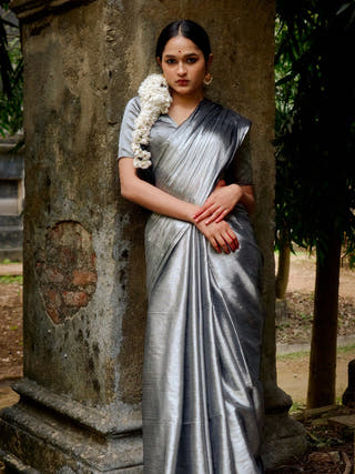 Ardhachandra Silver Tissue Saree