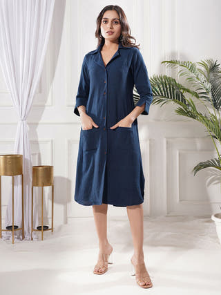 Azure Whispers Handwoven Kala Cotton Shirt Dress